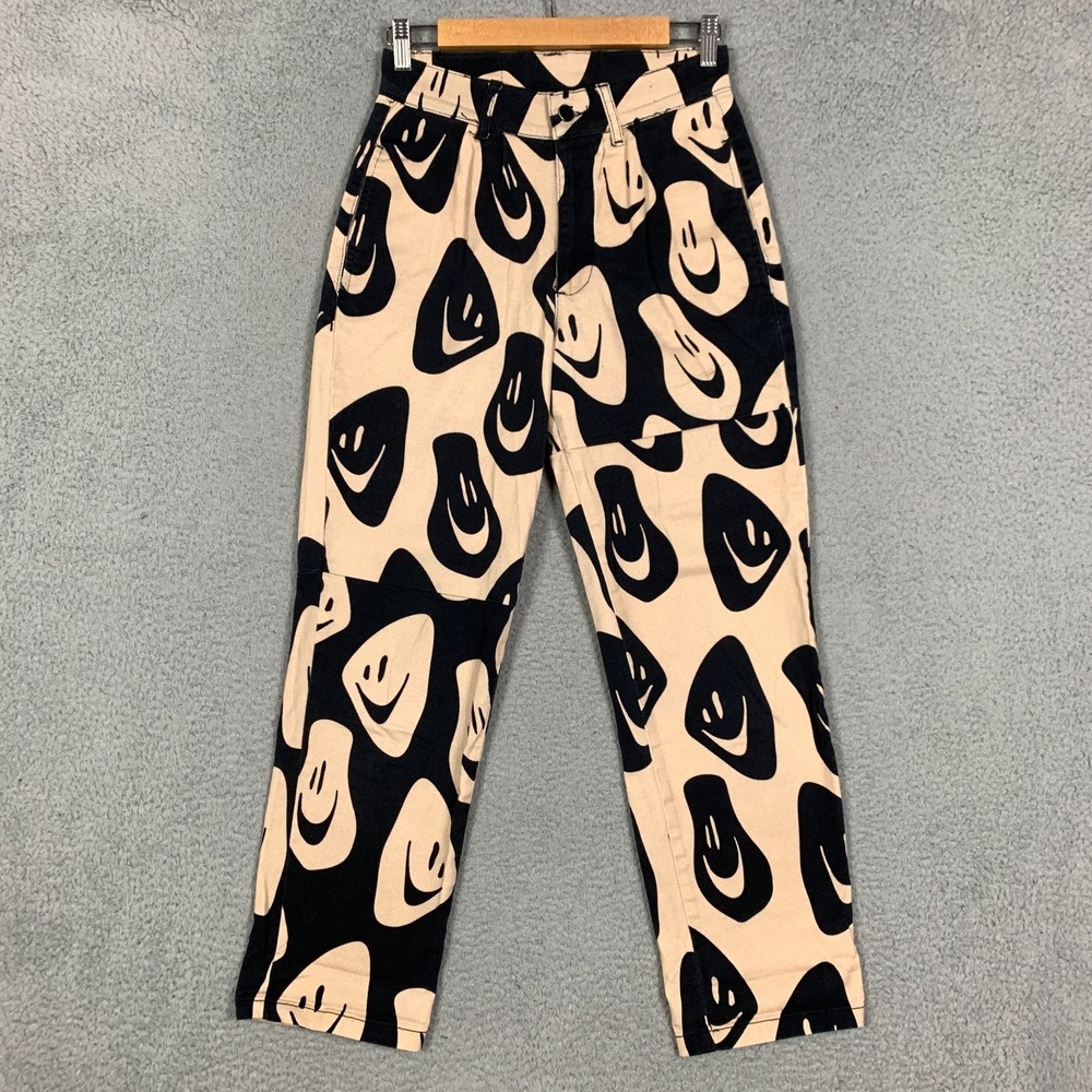 Lazy Oaf Wavey Faces Pants Unisex US 2 Beige Black High Rise Pleated Relaxed Fit - Picture 2 of 12